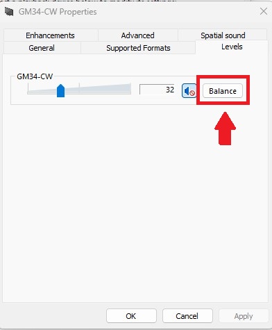 Tại cửa sổ thuộc tính thiết bị. Chọn tab Levels rồi bấm vào nút Balance để bắt đầu cân chỉnh âm thanh.