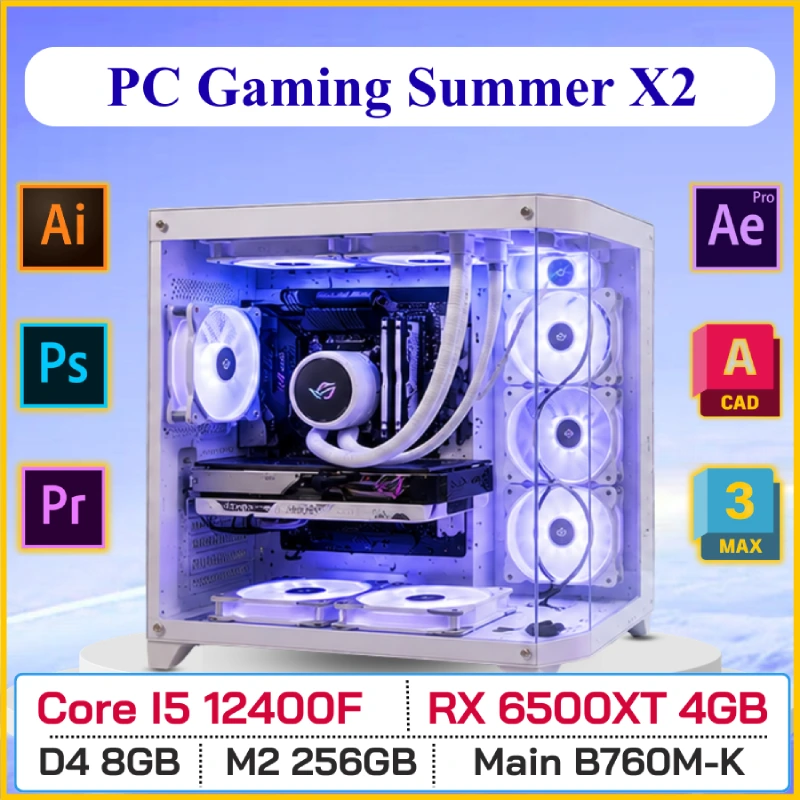PC GAMING SUMMER X2 (Core i5 12400F, B760M, DDR4 8GB, RX6500XT 4GB, SSD M2 256GB, 750W)