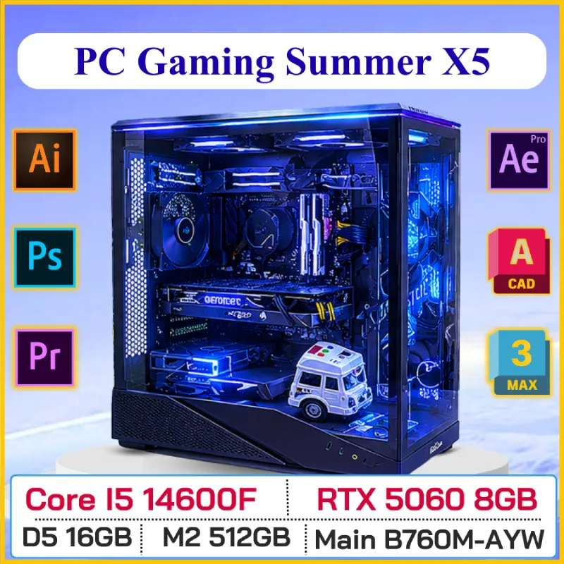 PC GAMING SUMMER X5 (Core i5 14600K, B760M, DDR5 16GB, RTX 5060 8GB, SSD M2 512GB, 750W)